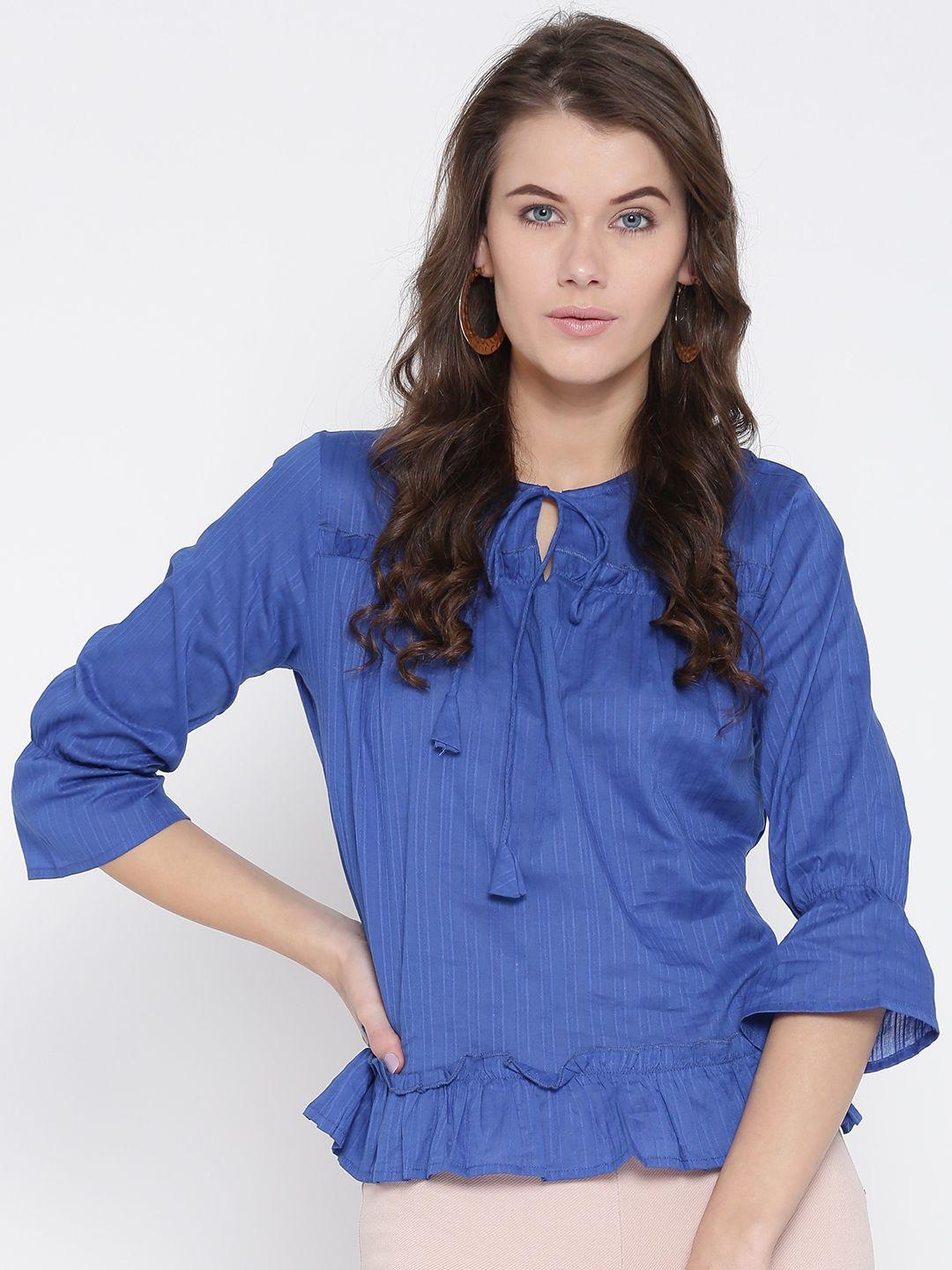 style quotient women blue self-striped top