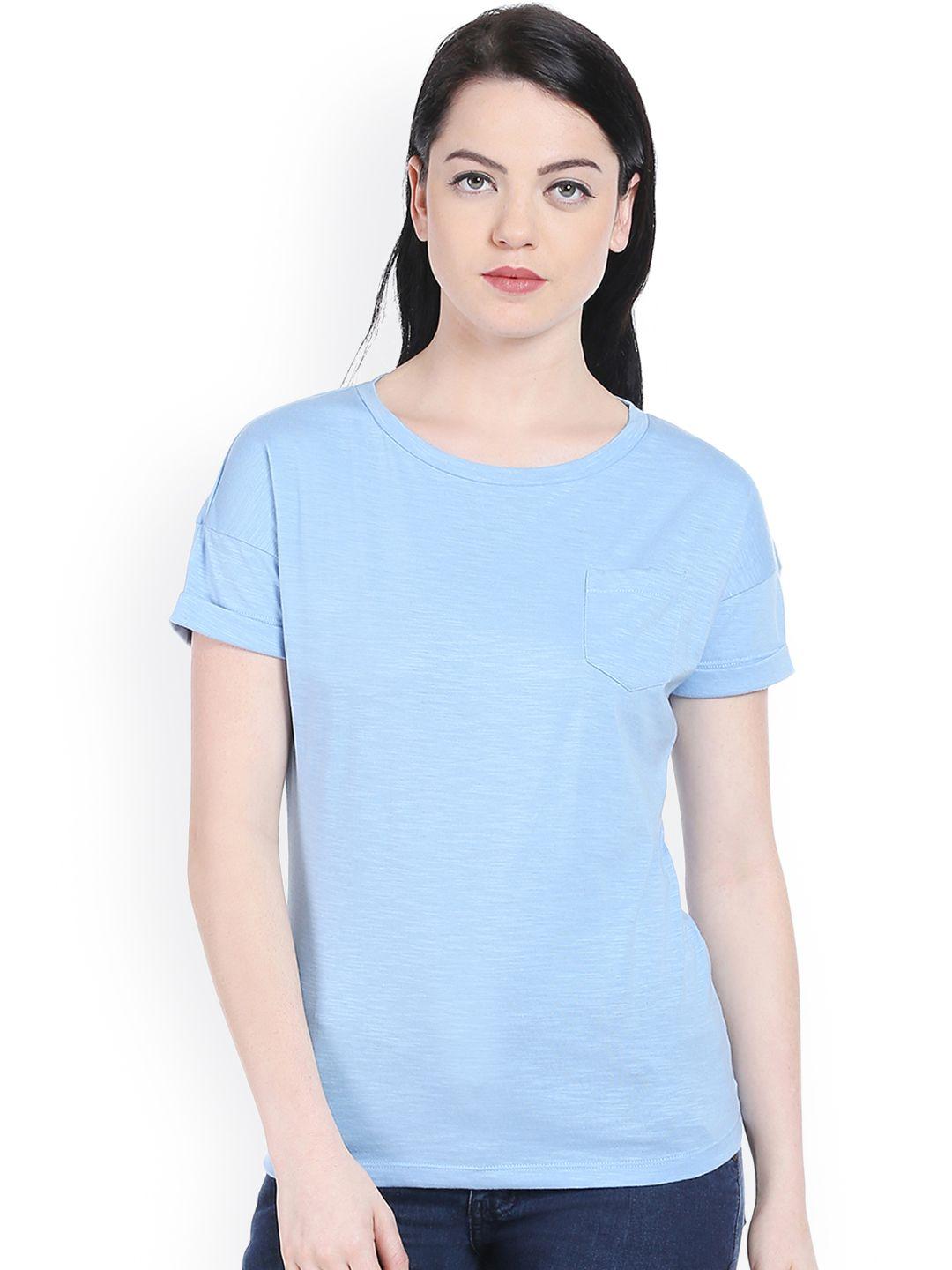 style quotient women blue solid round neck t-shirt