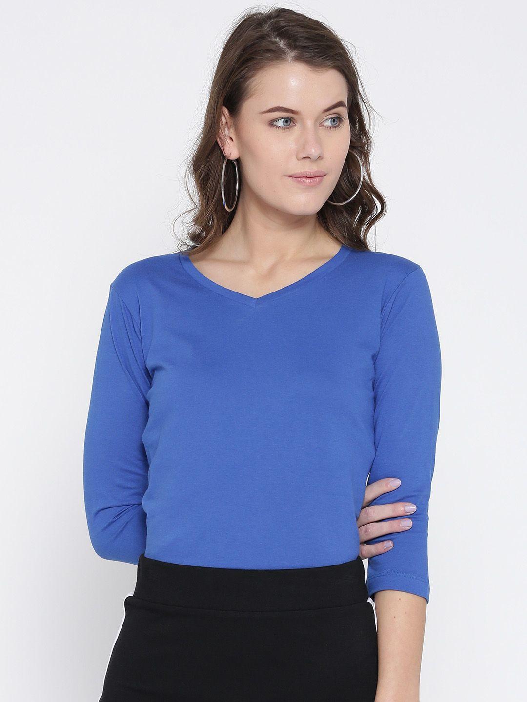 style quotient women blue solid v-neck t-shirt