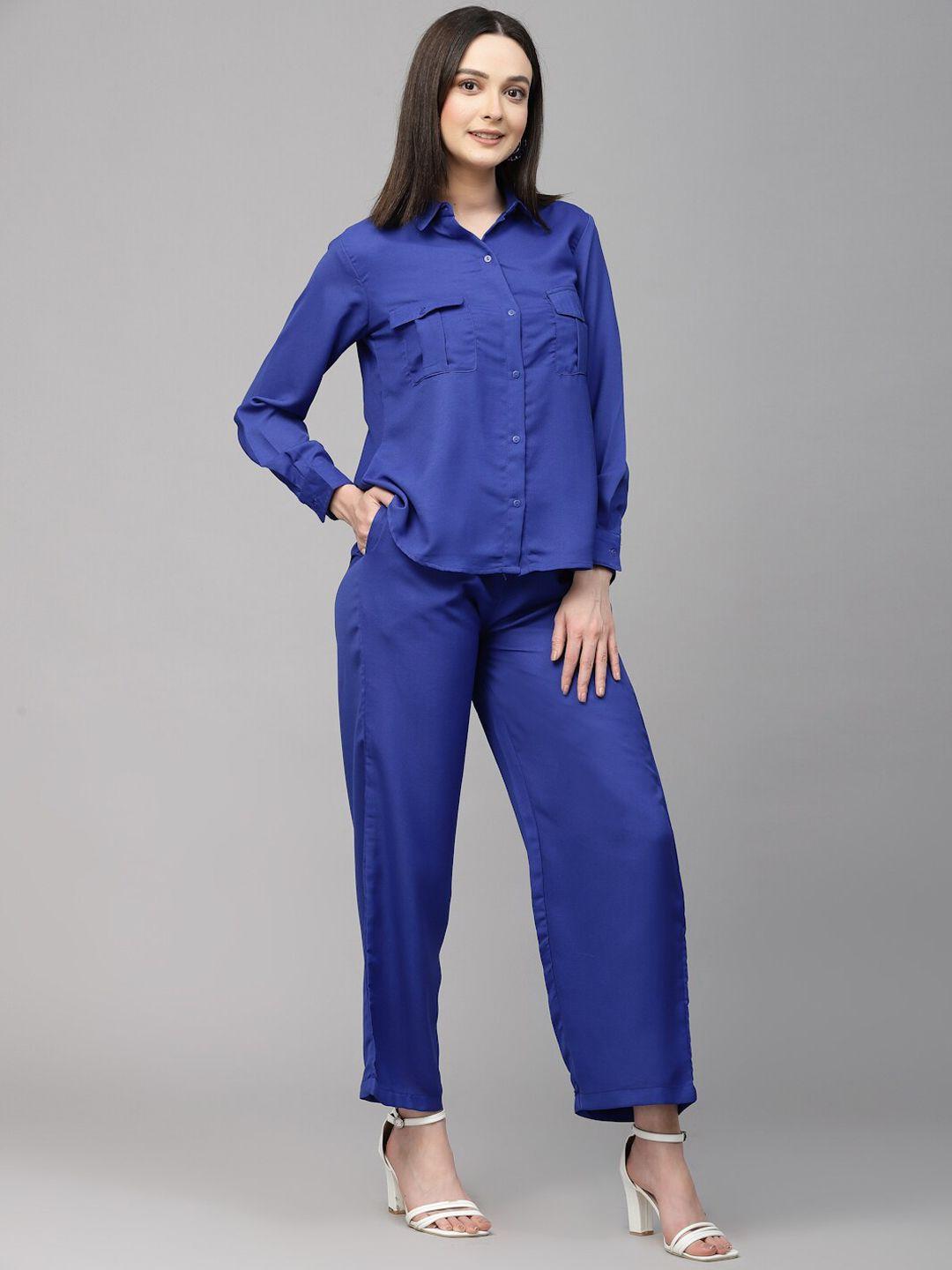style quotient women blue spread collar shirt with straight trousers