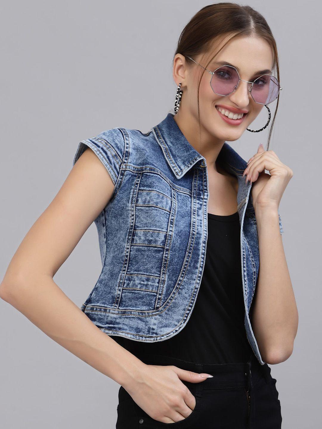 style quotient women blue washed crop denim shrug