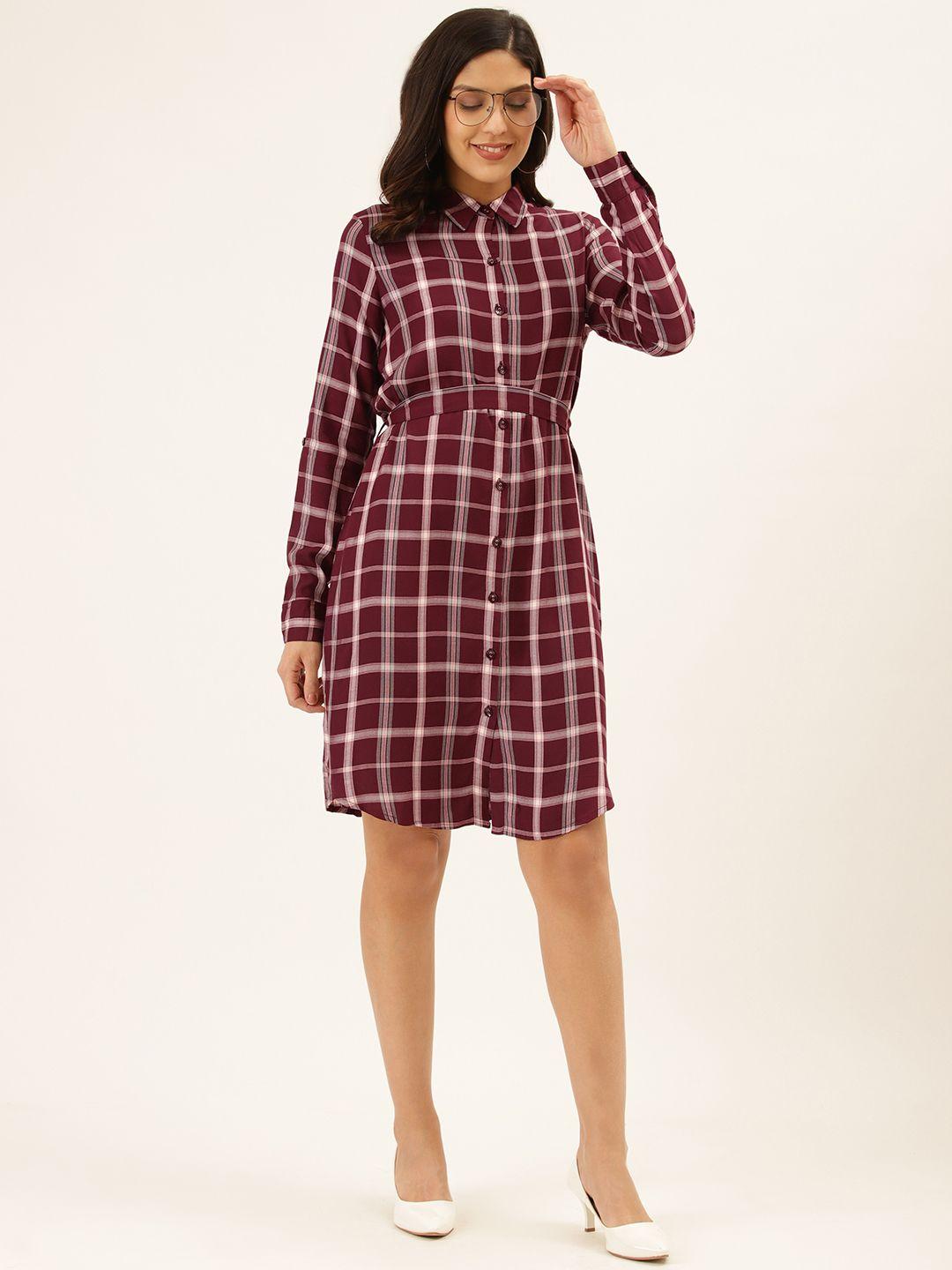 style quotient women burgundy & off-white checked shirt dress