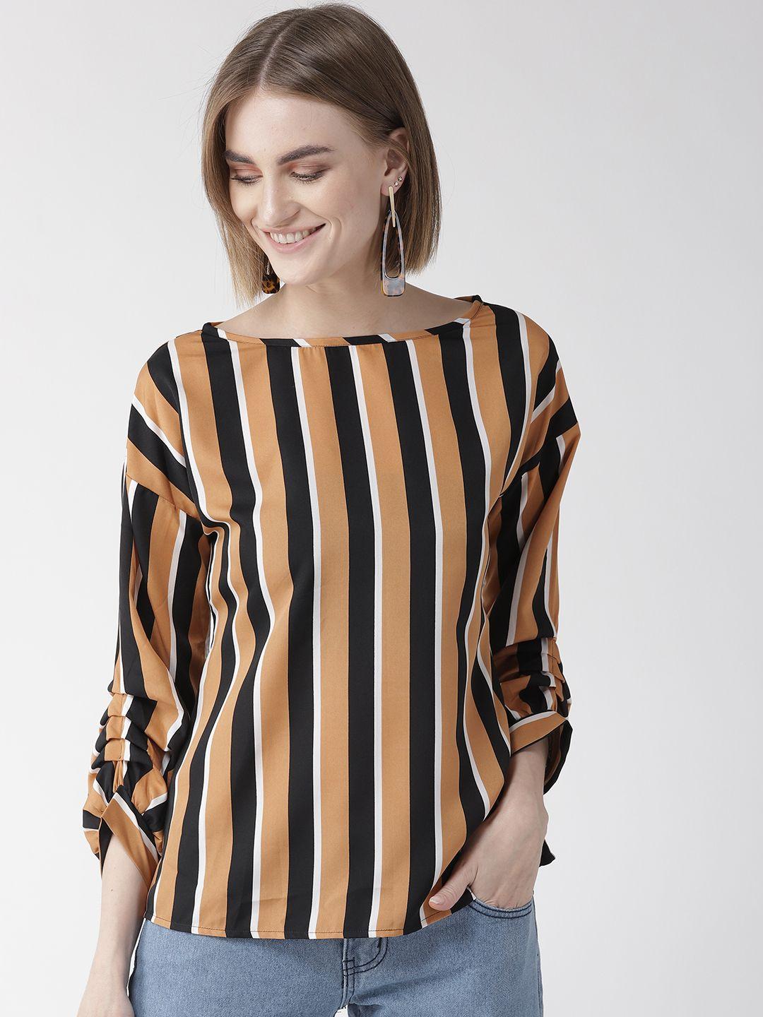 style quotient women camel brown & black striped regular top