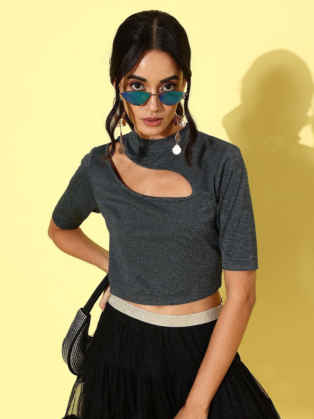 style quotient women charcoal grey solid cut-out detail crop top