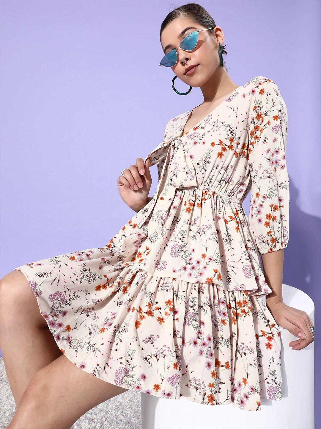 style quotient women classy cream floral feminine frills dress