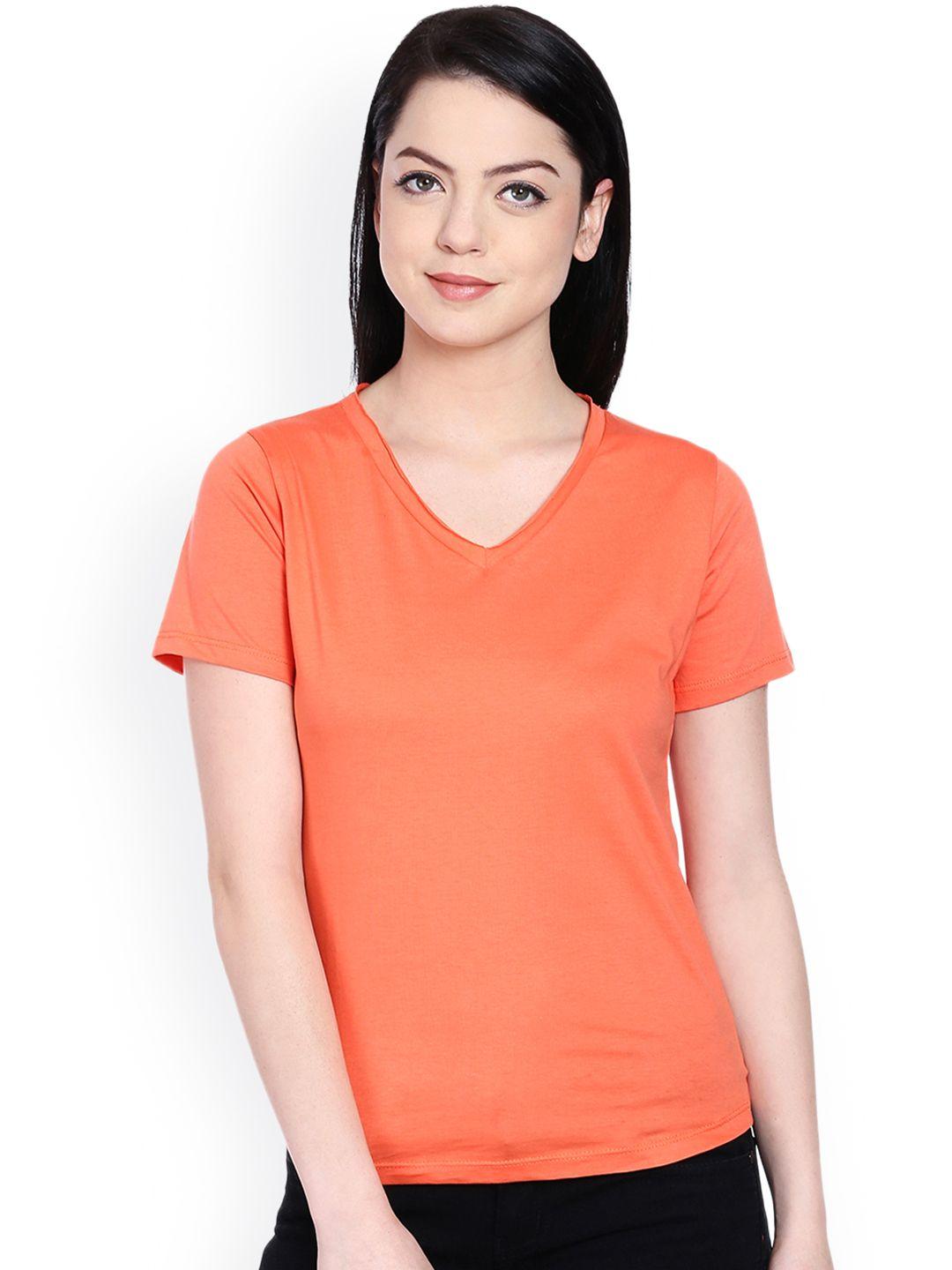 style quotient women coral orange solid v-neck t-shirt