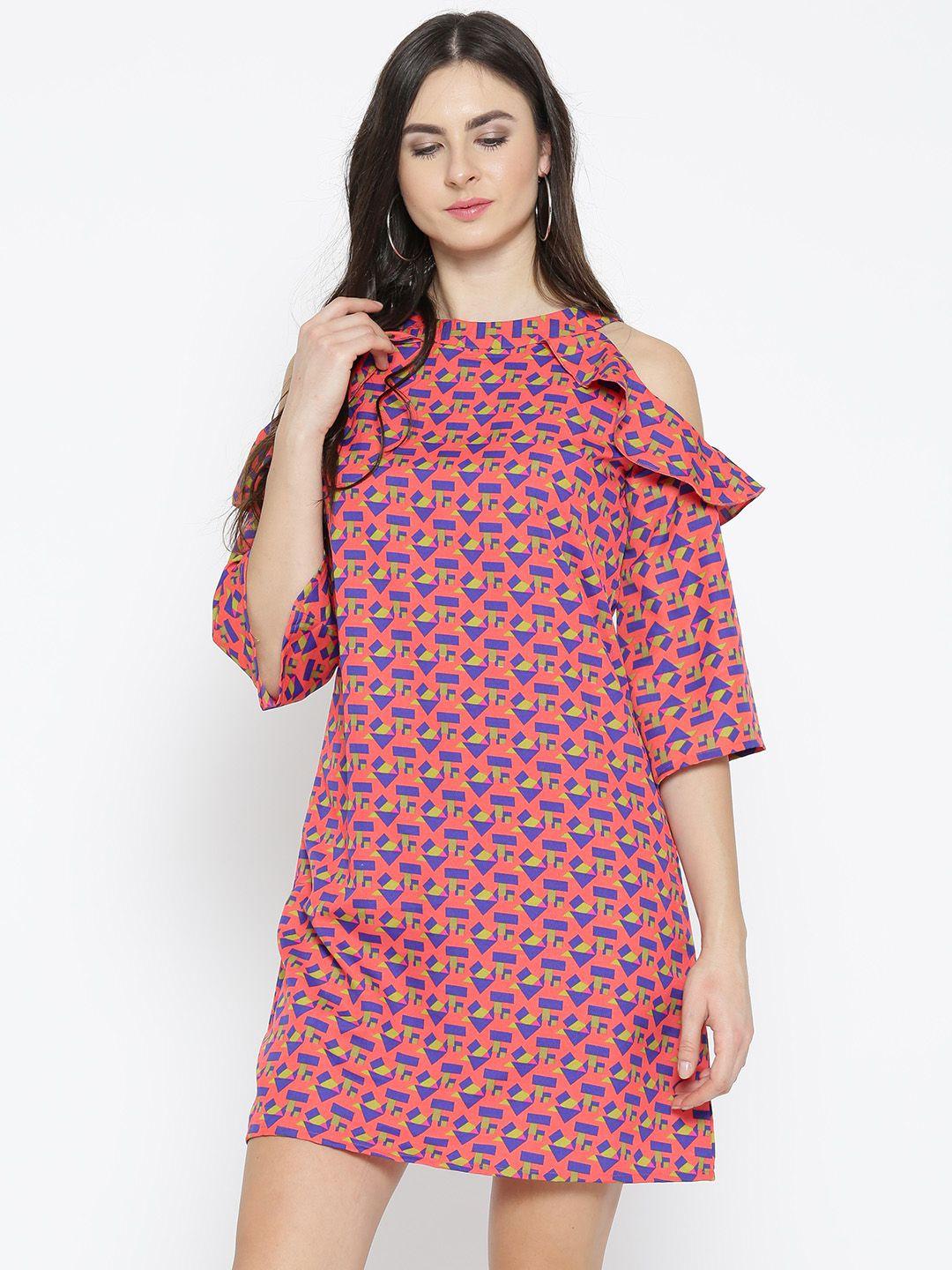 style quotient women coral pink printed cold-shoulder a-line dress