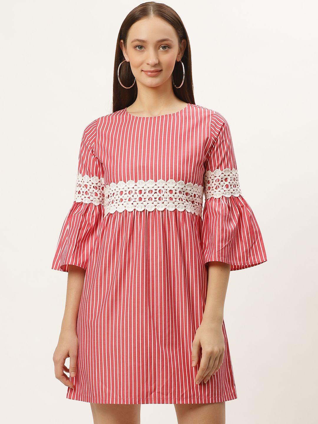 style quotient women coral red & white striped empire dress