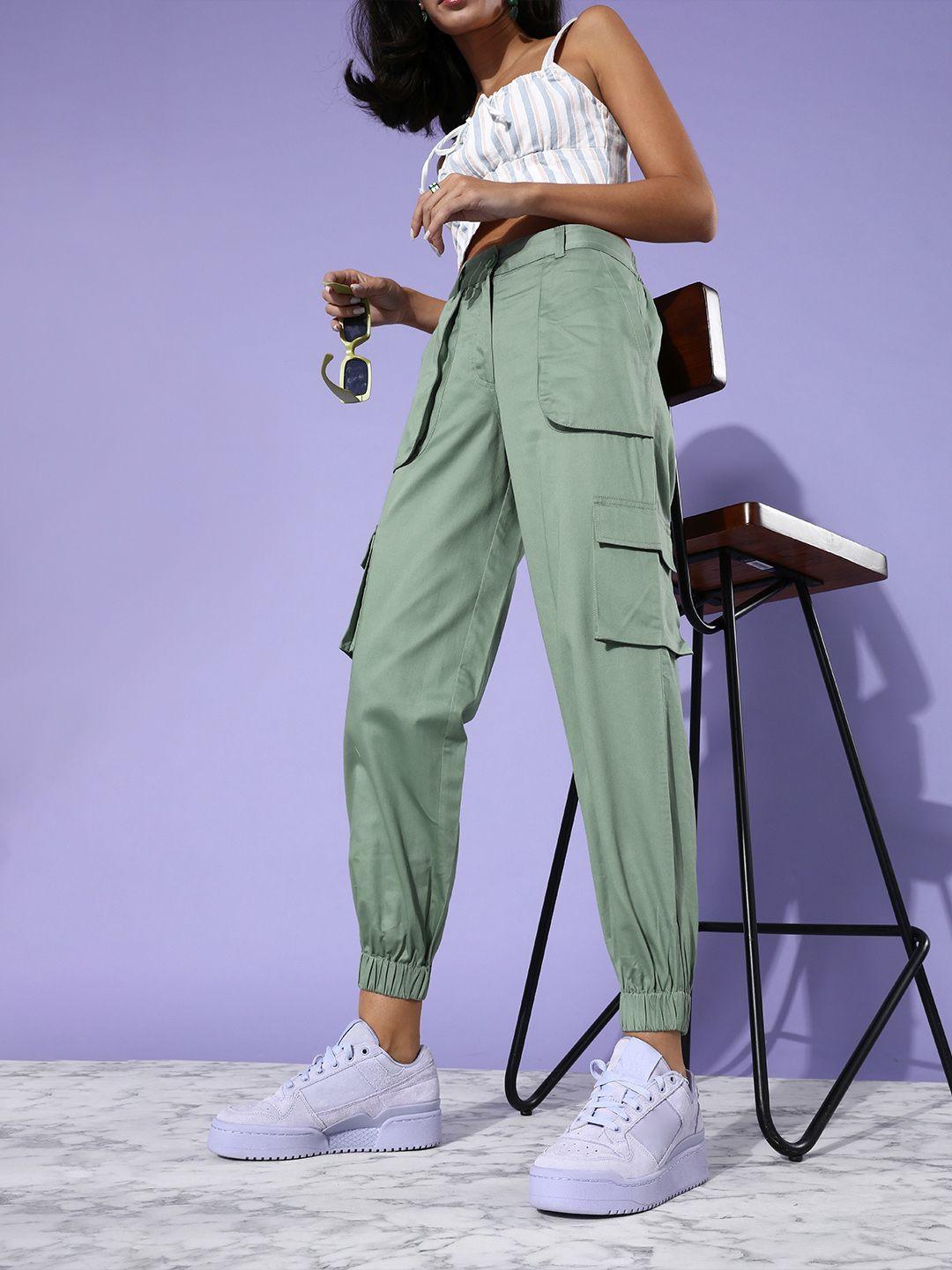 style quotient women gorgeous green solid y2k cargo trousers