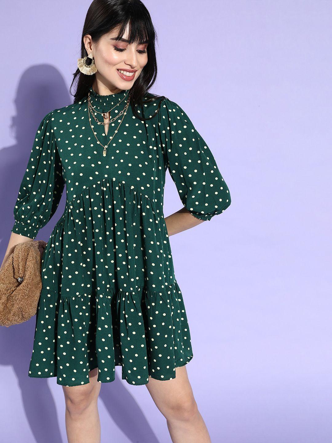 style quotient women green polka dotted keyhole neck dress