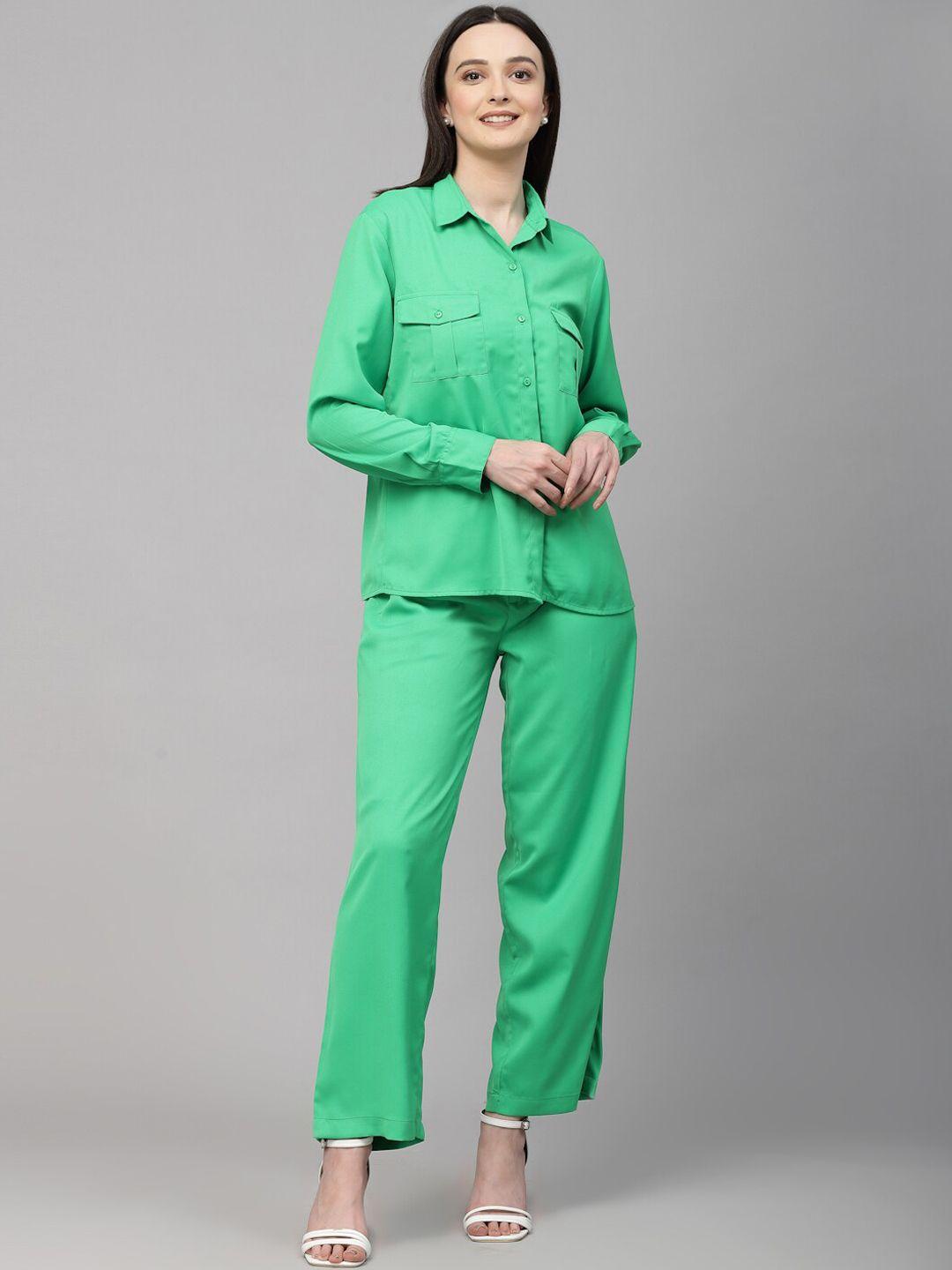 style quotient women green spread collar shirt with straight trousers