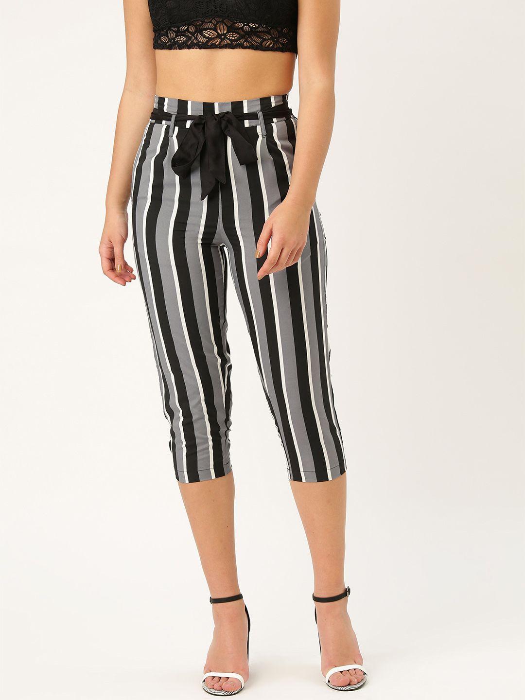 style quotient women grey & black smart regular fit striped three-fourth trousers