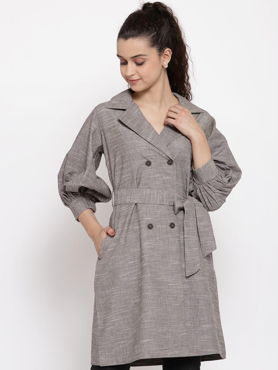 style quotient women grey pure cotton self-design double-breasted trench coat with a belt