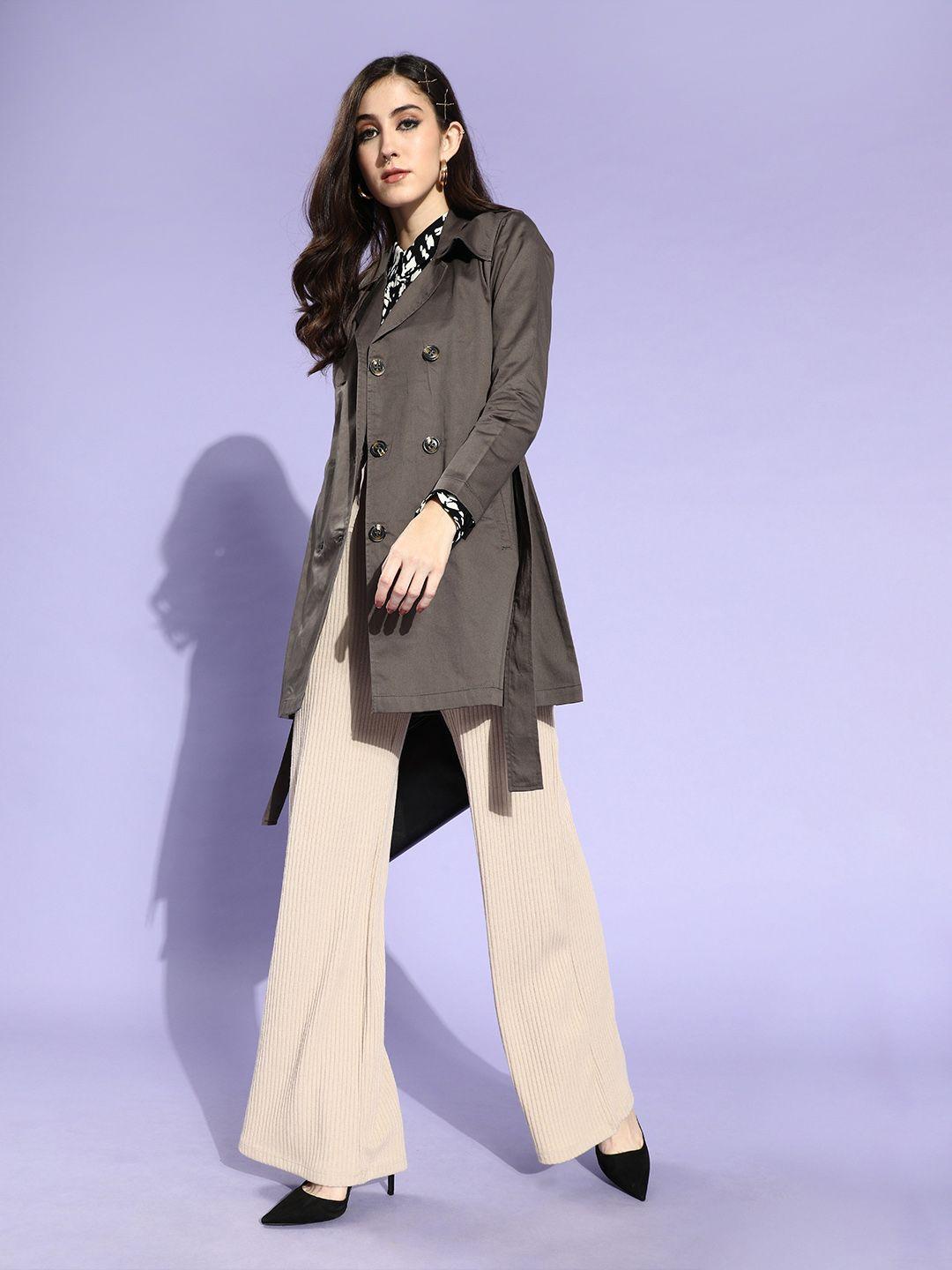 style quotient women grey solid double breasted trench coat