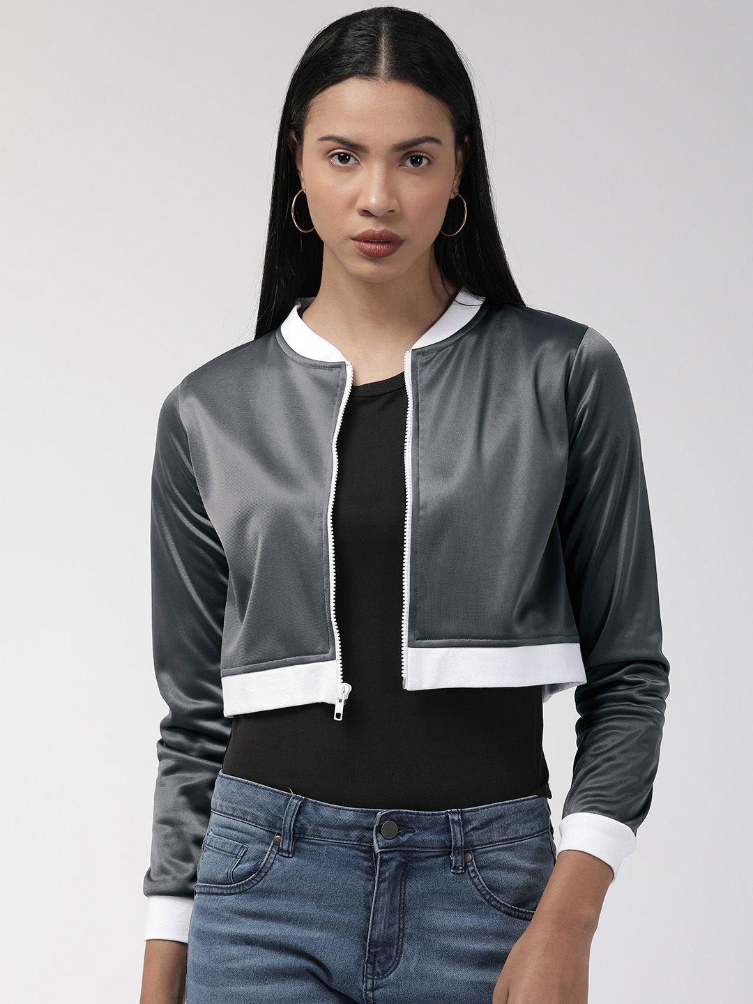 style quotient women grey solid lightweight cropped bomber jacket