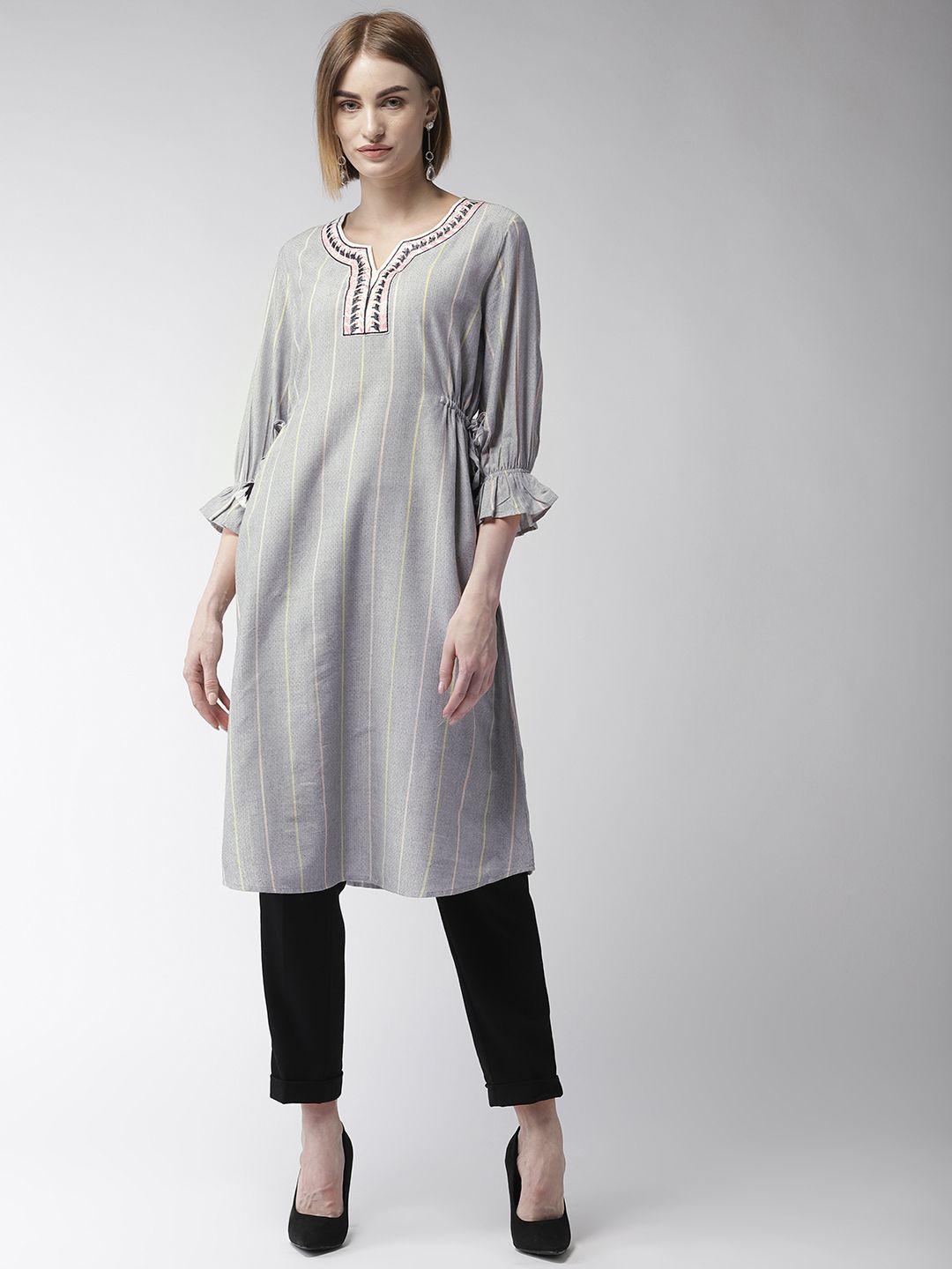 style quotient women grey striped a-line kurta