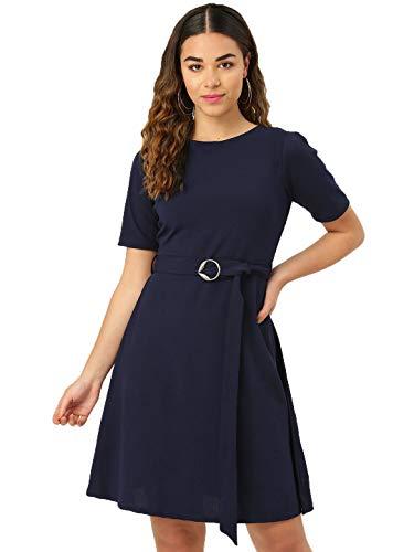 style quotient women half sleeve fit and flare solid party dresses-m-navy