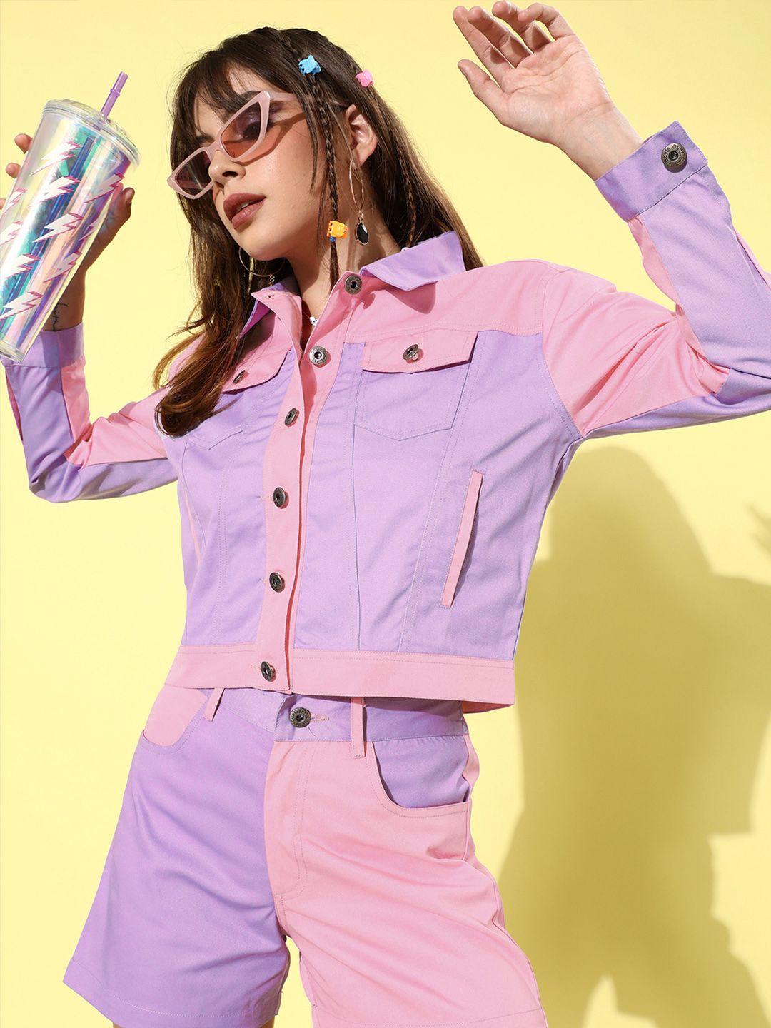 style quotient women lavender & pink pure cotton colourblocked jacket & shorts set