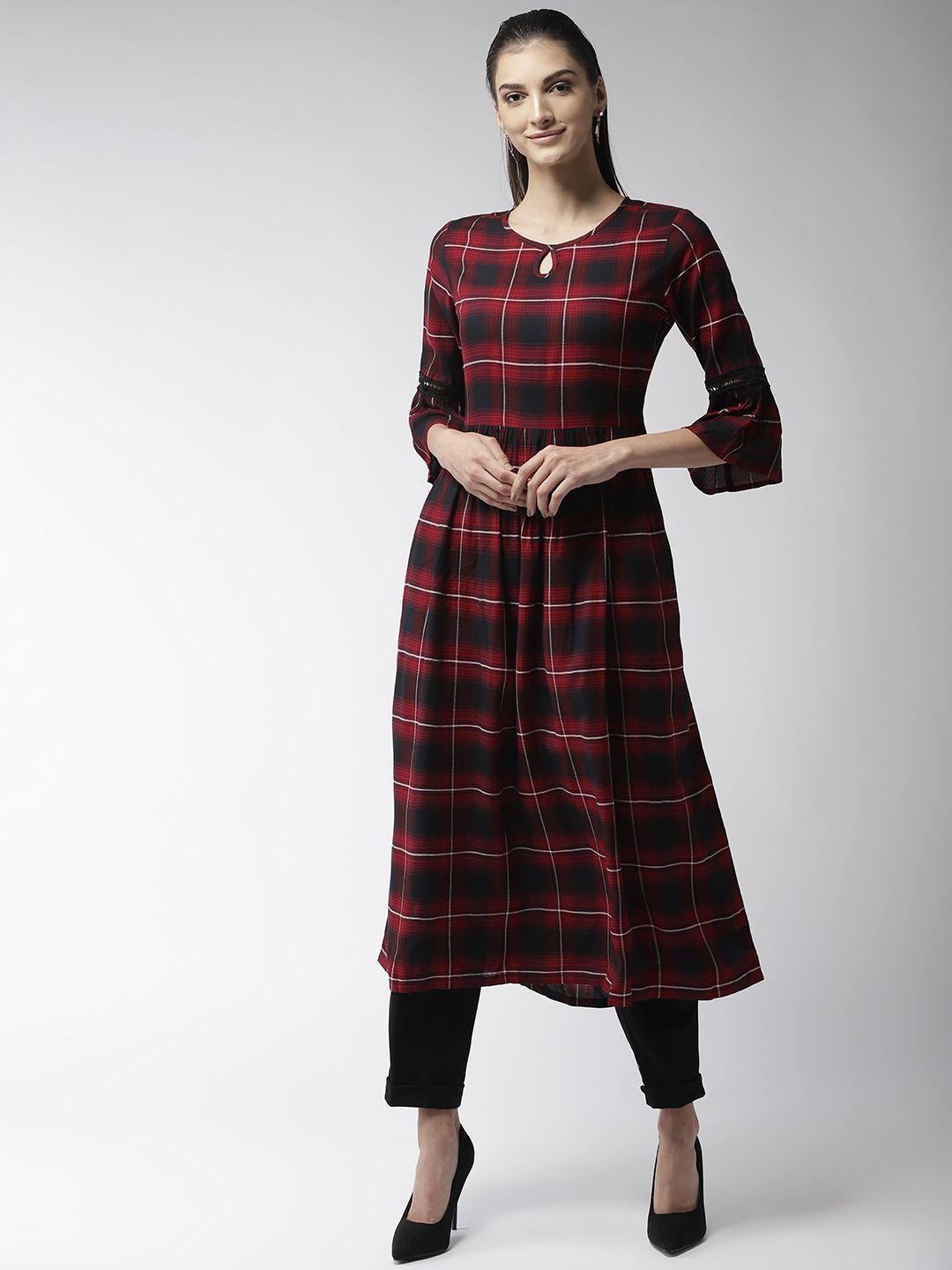 style quotient women maroon & black checked a-line kurta