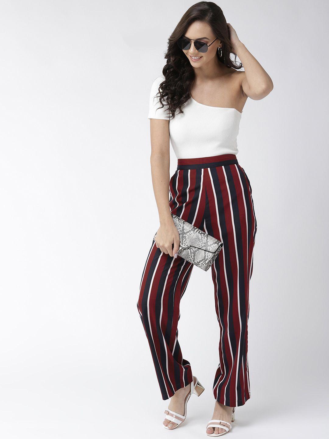 style quotient women maroon & navy blue original straight fit striped parallel trousers