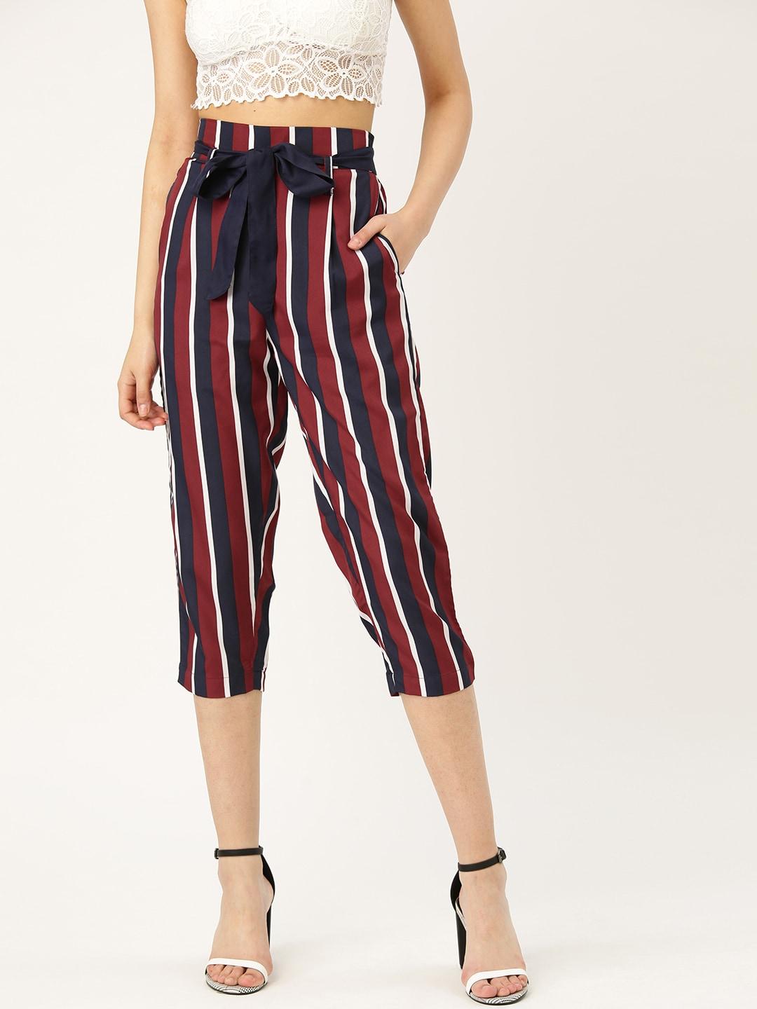 style quotient women maroon & navy blue smart regular fit striped trousers with belt