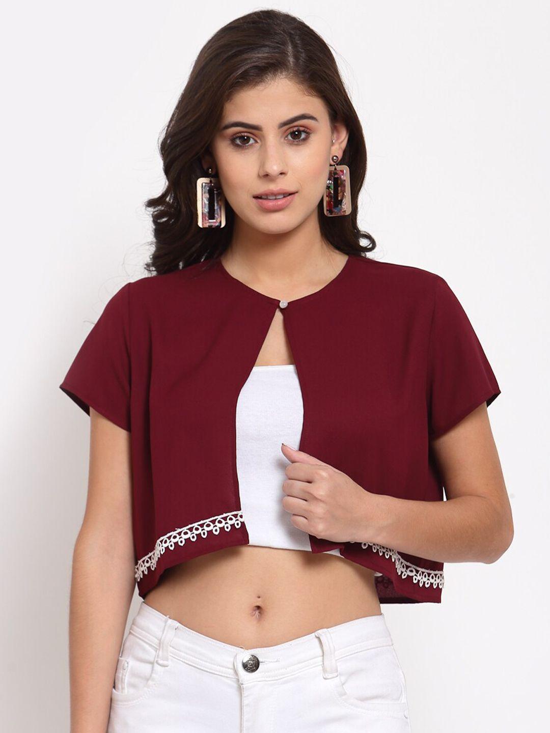 style quotient women maroon & white embroidered crop shrug