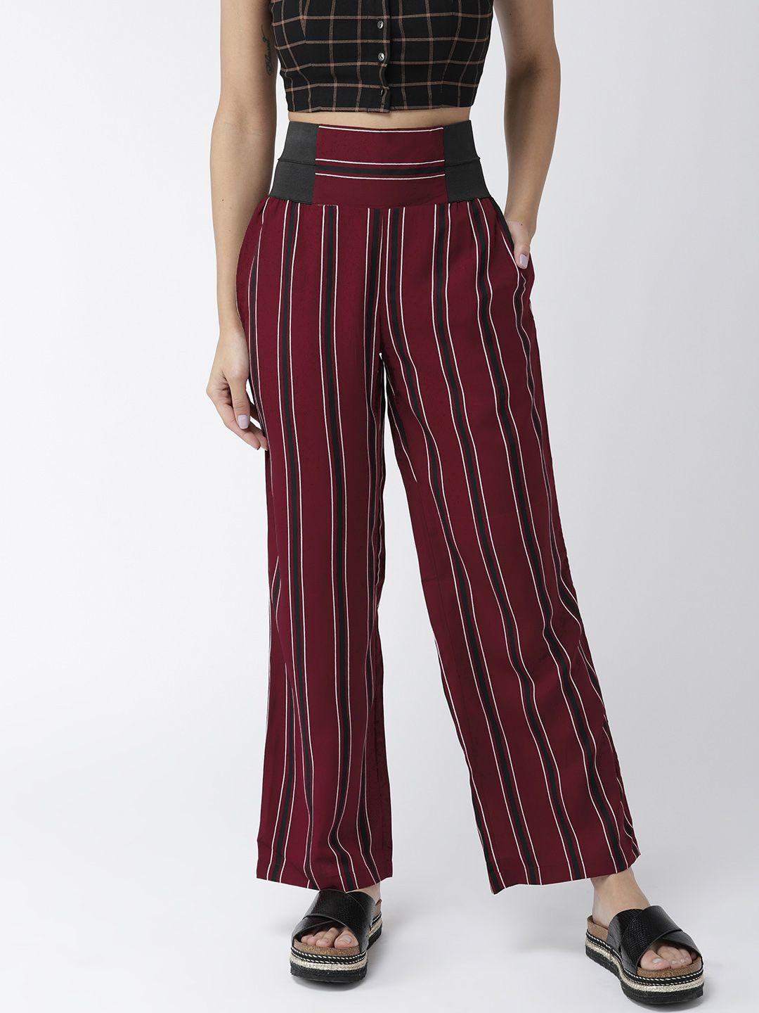 style quotient women maroon & white original straight fit striped regular trousers