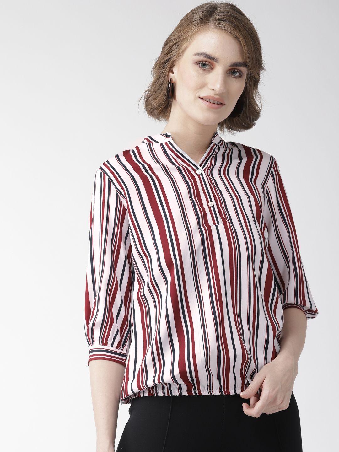 style quotient women maroon & white striped shirt style top