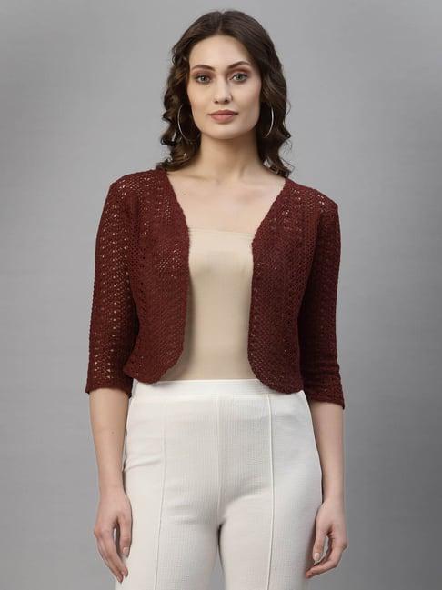 style quotient women maroon cotton self design lace crop open front shrug