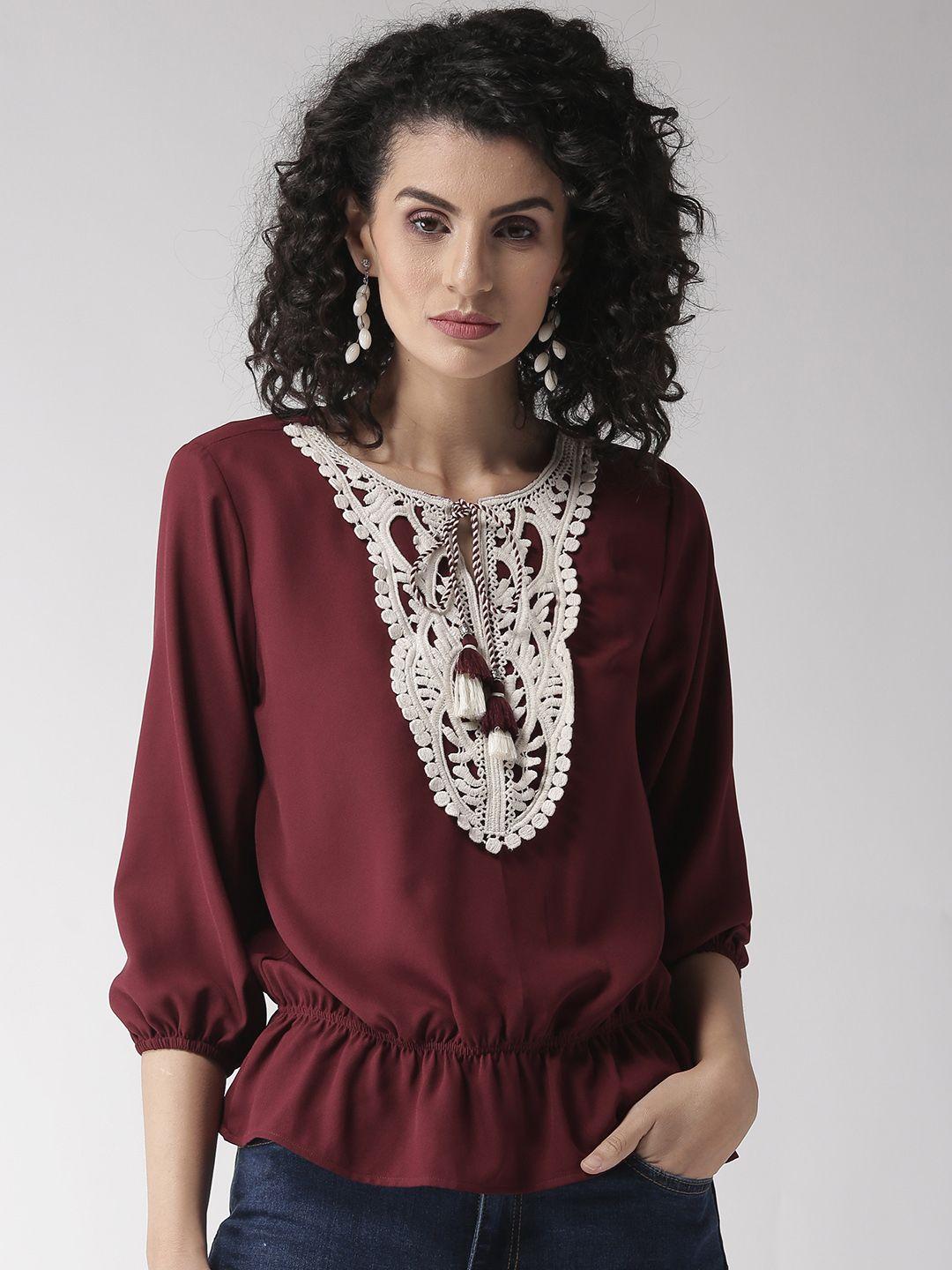 style quotient women maroon lace inserts top