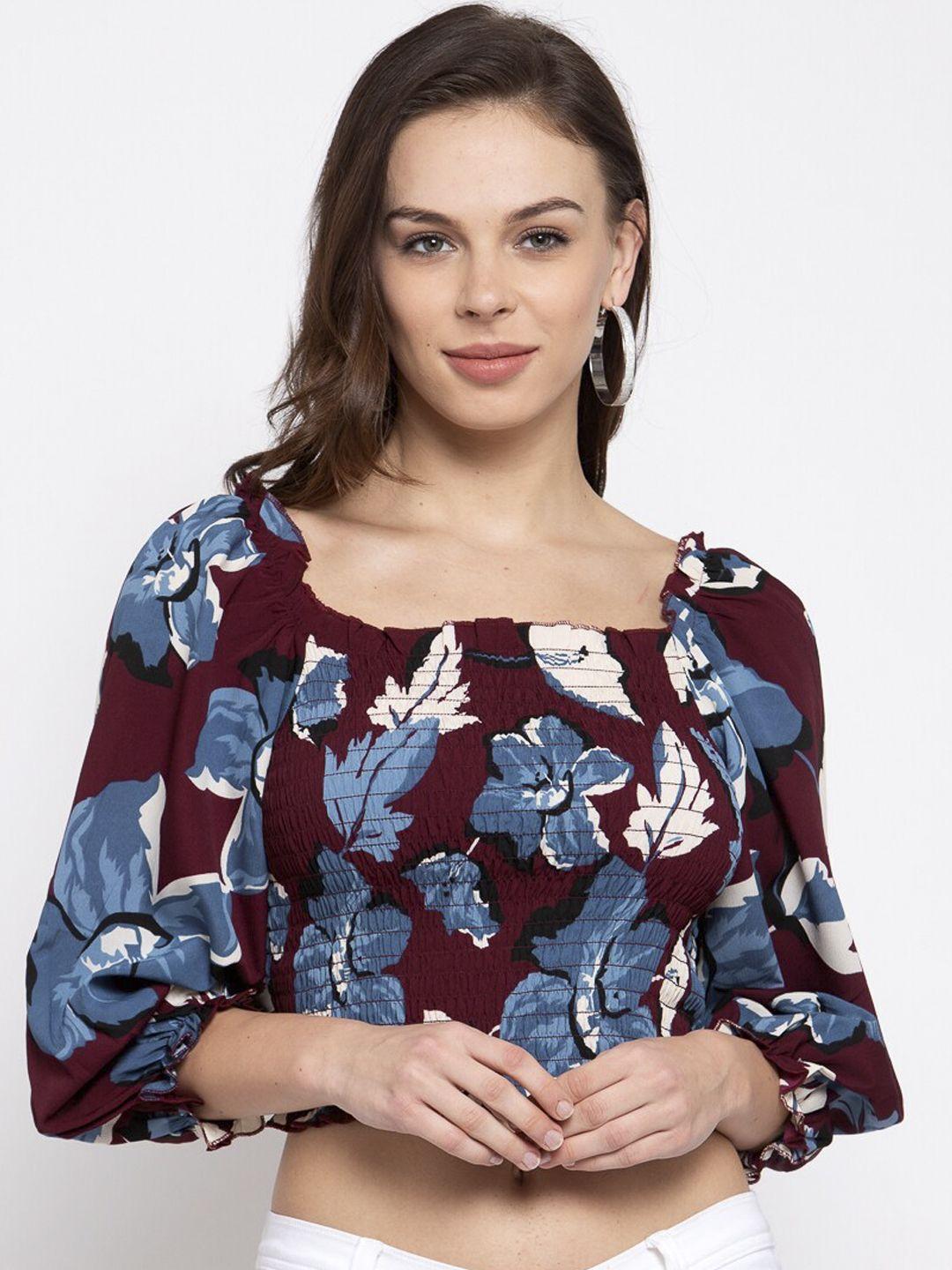 style quotient women maroon printed cropped top