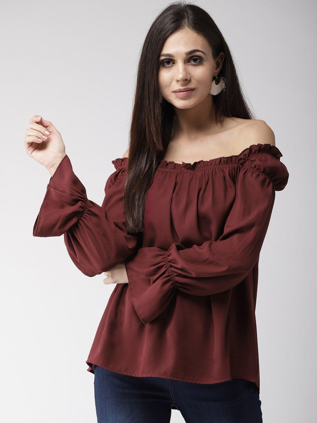 style quotient women maroon solid bardot top