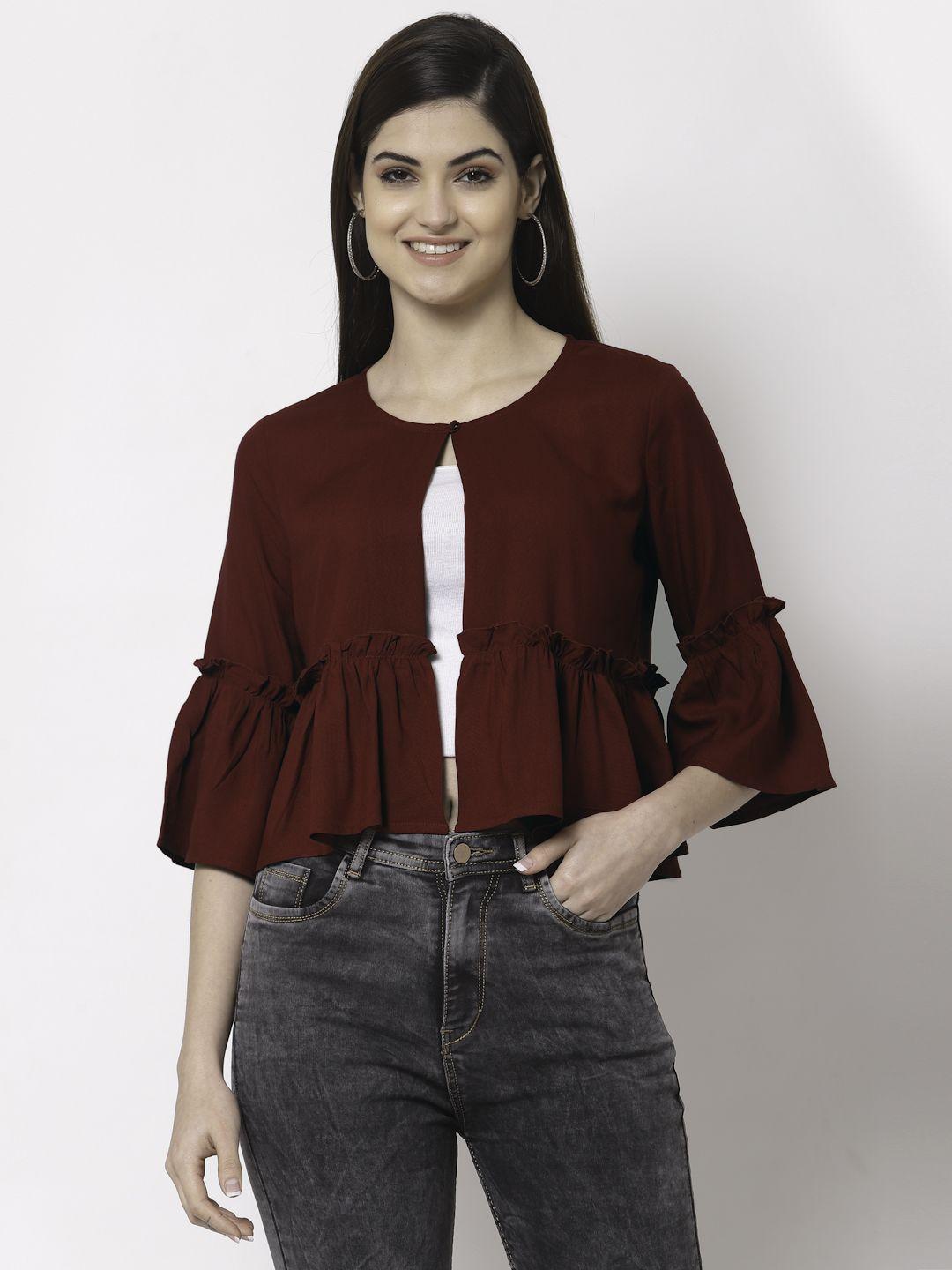 style quotient women maroon solid cotton open front crop shrug