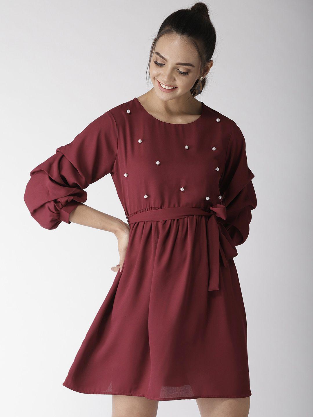 style quotient women maroon solid fit and flare dress