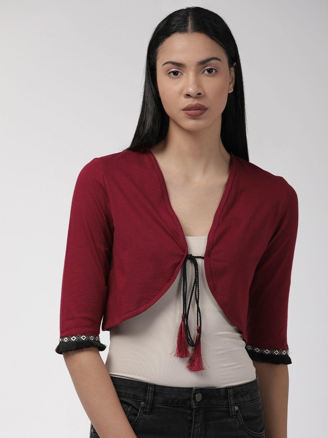 style quotient women maroon solid tie-up crop shrug