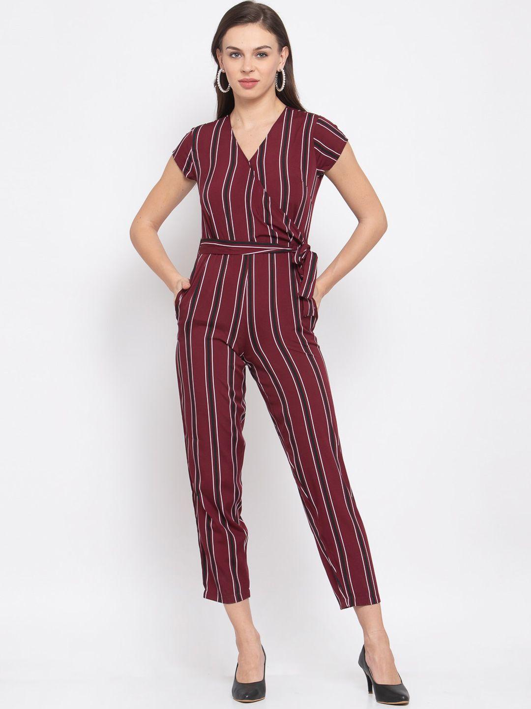 style quotient women maroon striped basic jumpsuit