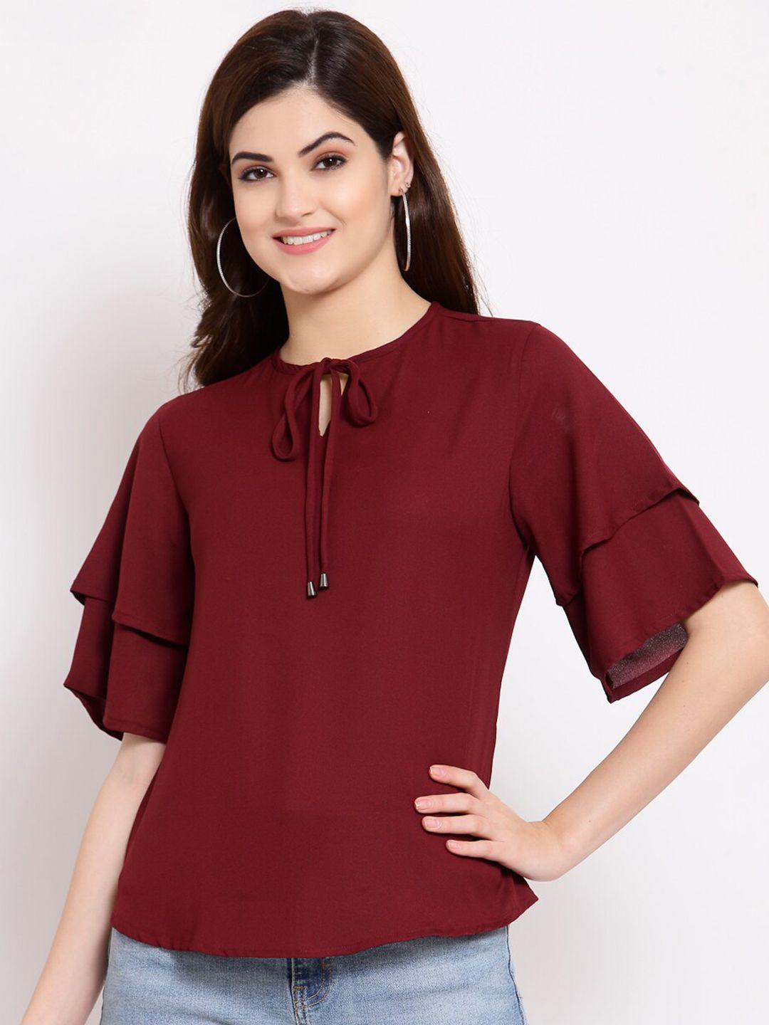 style quotient women maroon tie-up neck regular top