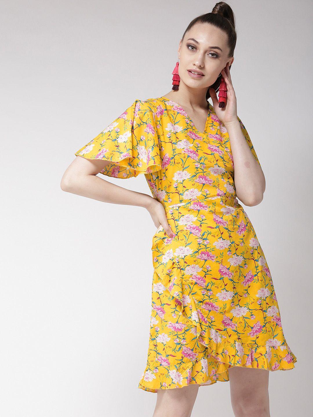 style quotient women mustard yellow & pink printed wrap dress