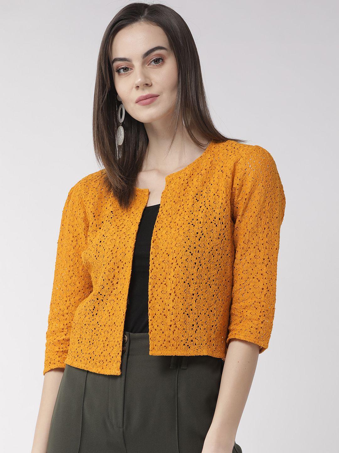 style quotient women mustard yellow self design open front shrug