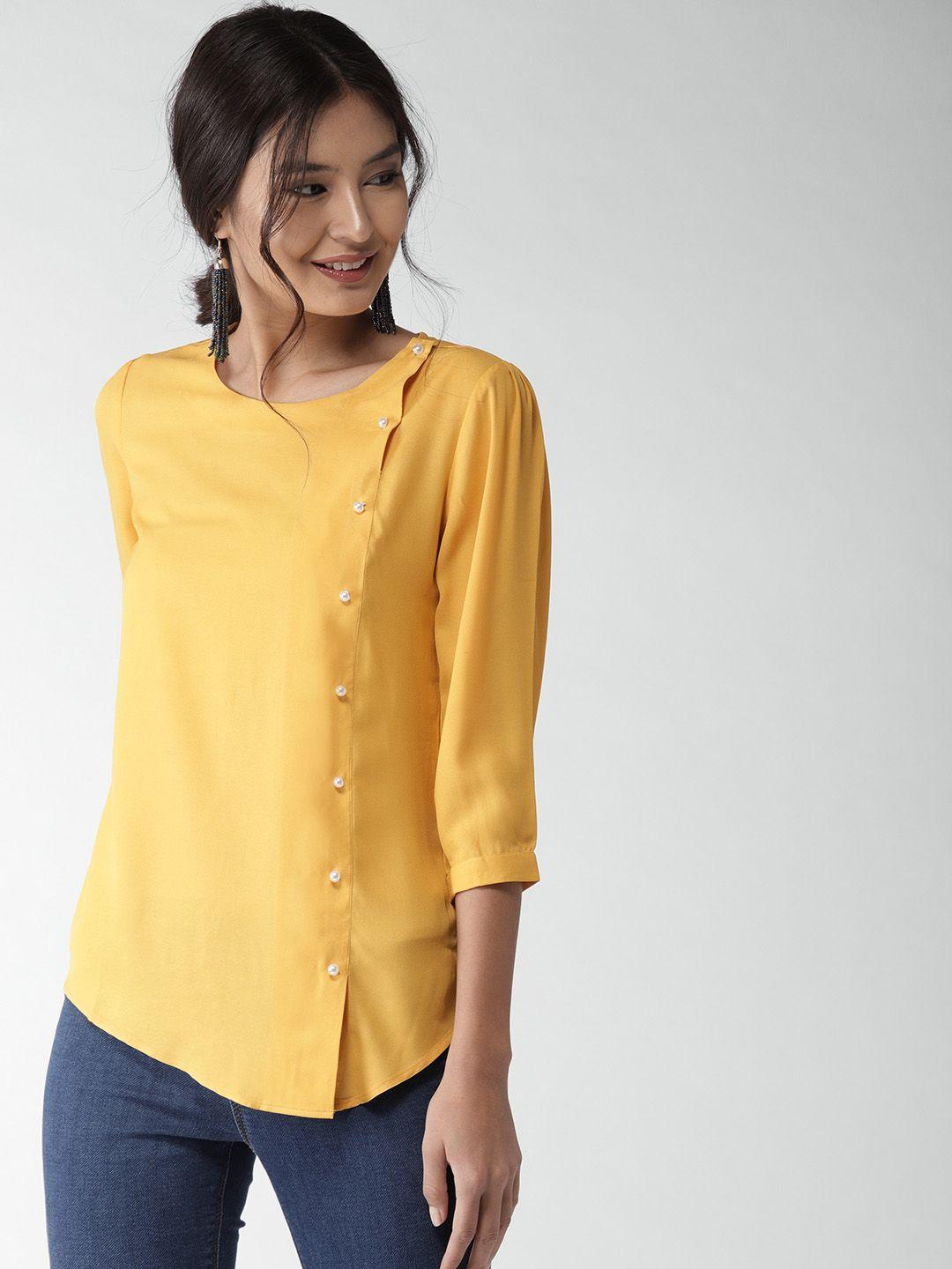 style quotient women mustard yellow solid asymmetric closure top