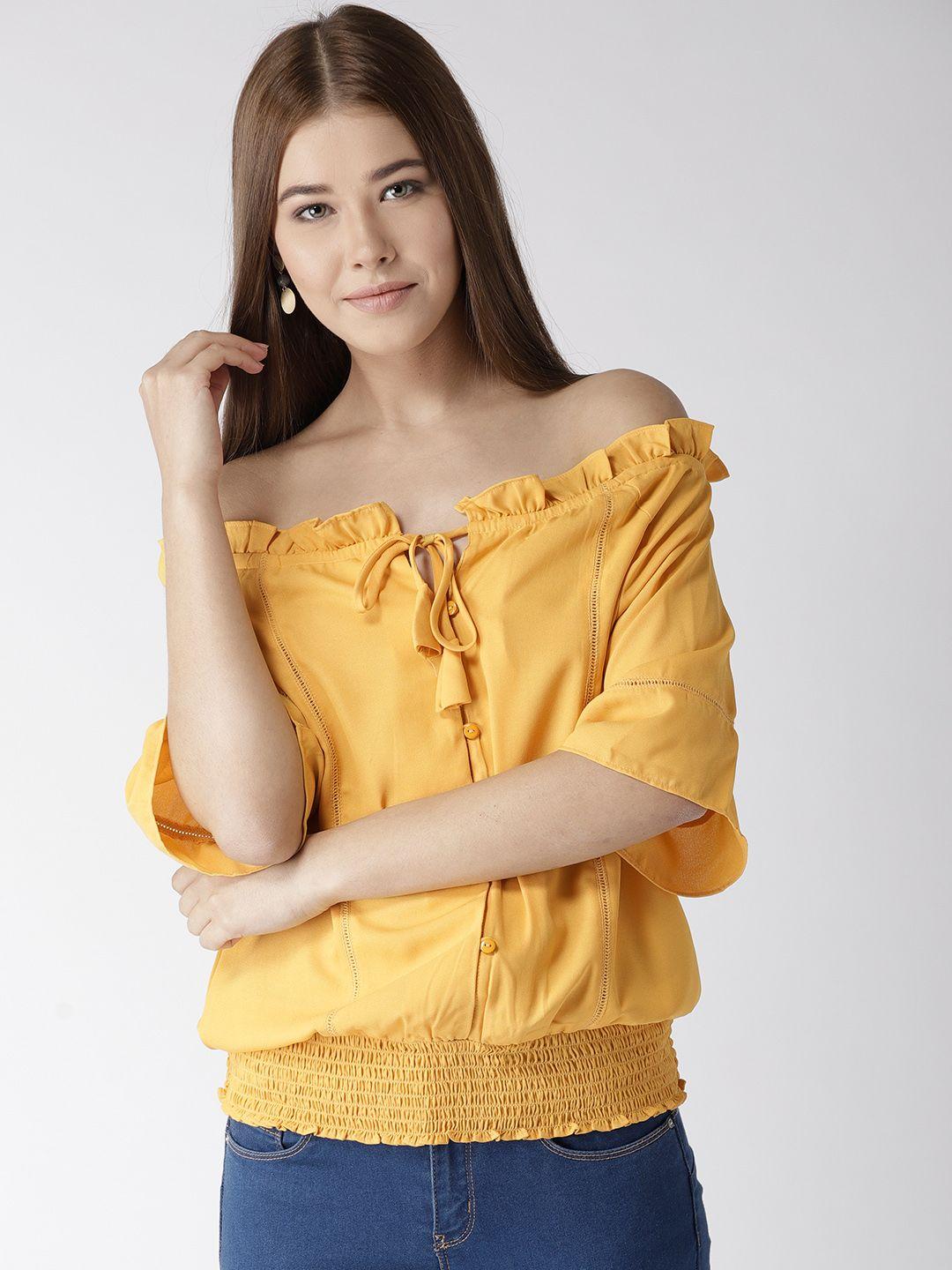 style quotient women mustard yellow solid bardot top