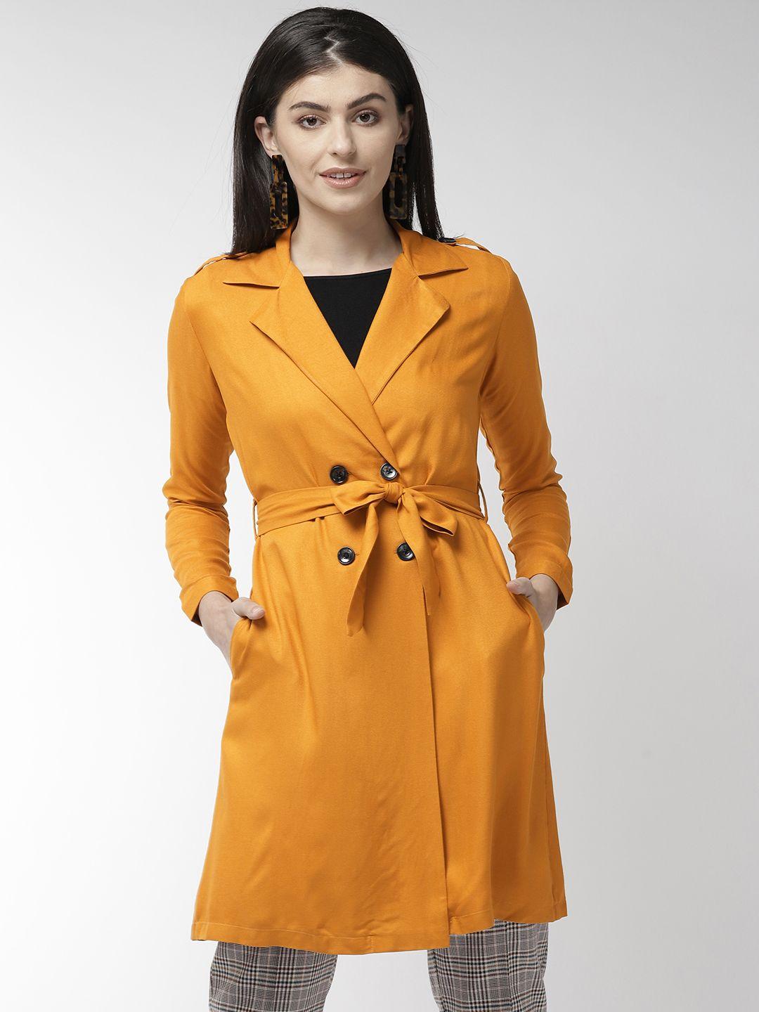 style quotient women mustard yellow solid double-breasted trench coat