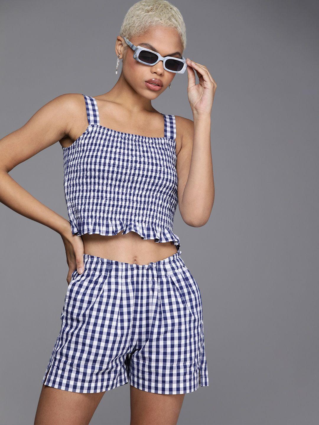 style quotient women navy & white checked smocked co-ord set