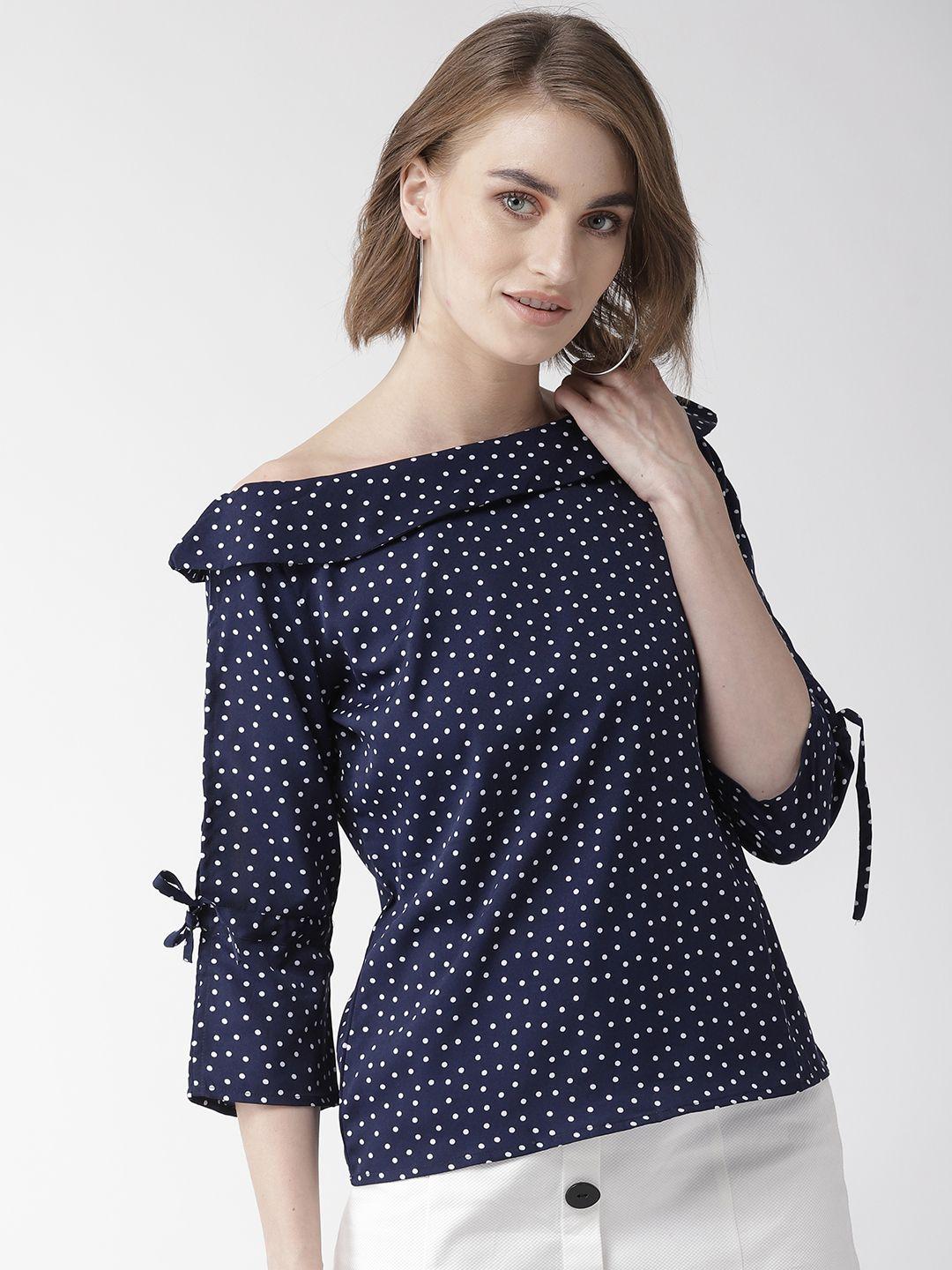 style quotient women navy & white polk dot print bardot top