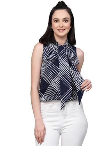 style quotient women navy and white geometric printed regular smart casual top