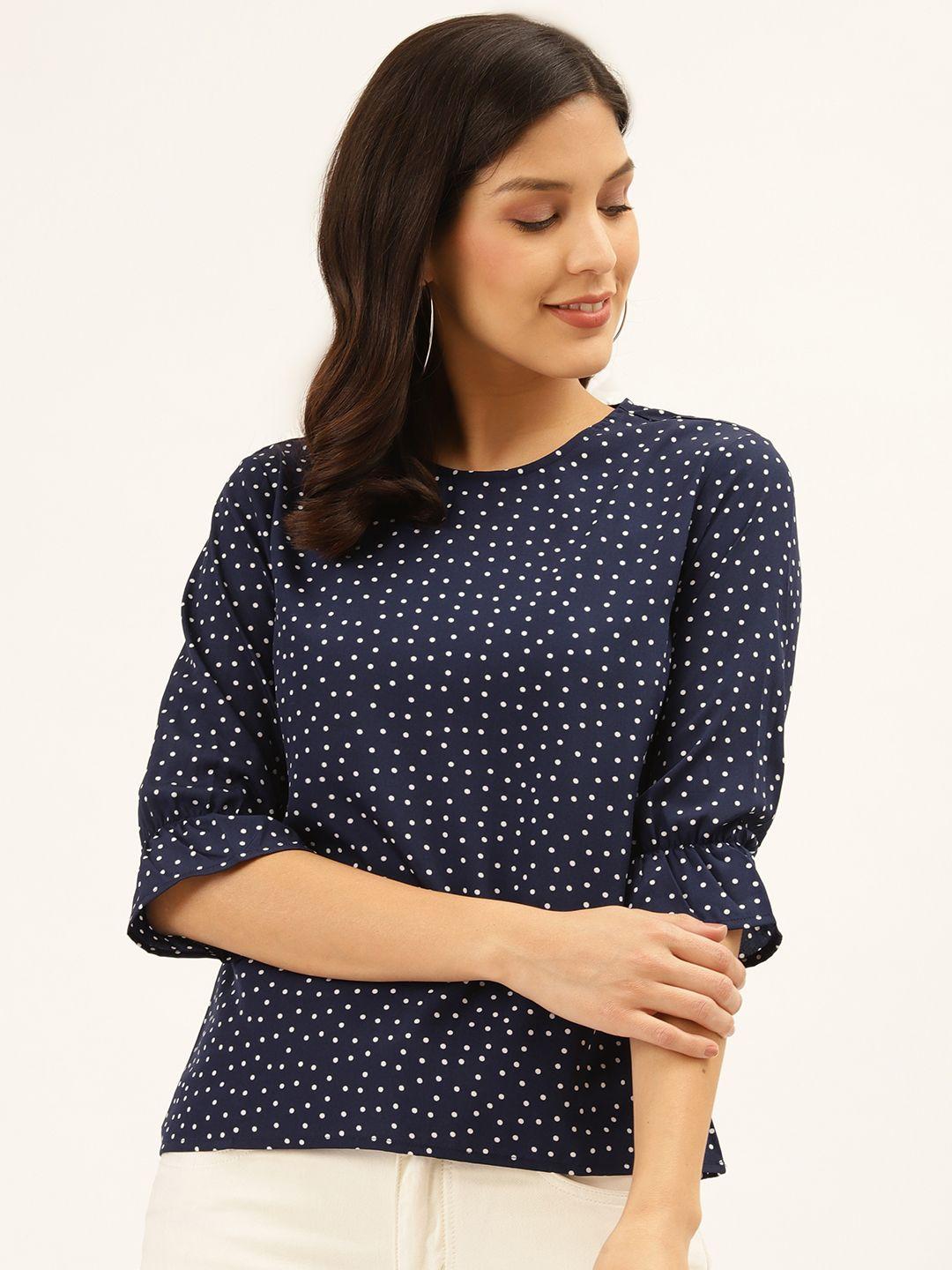 style quotient women navy blue & white dot print regular top