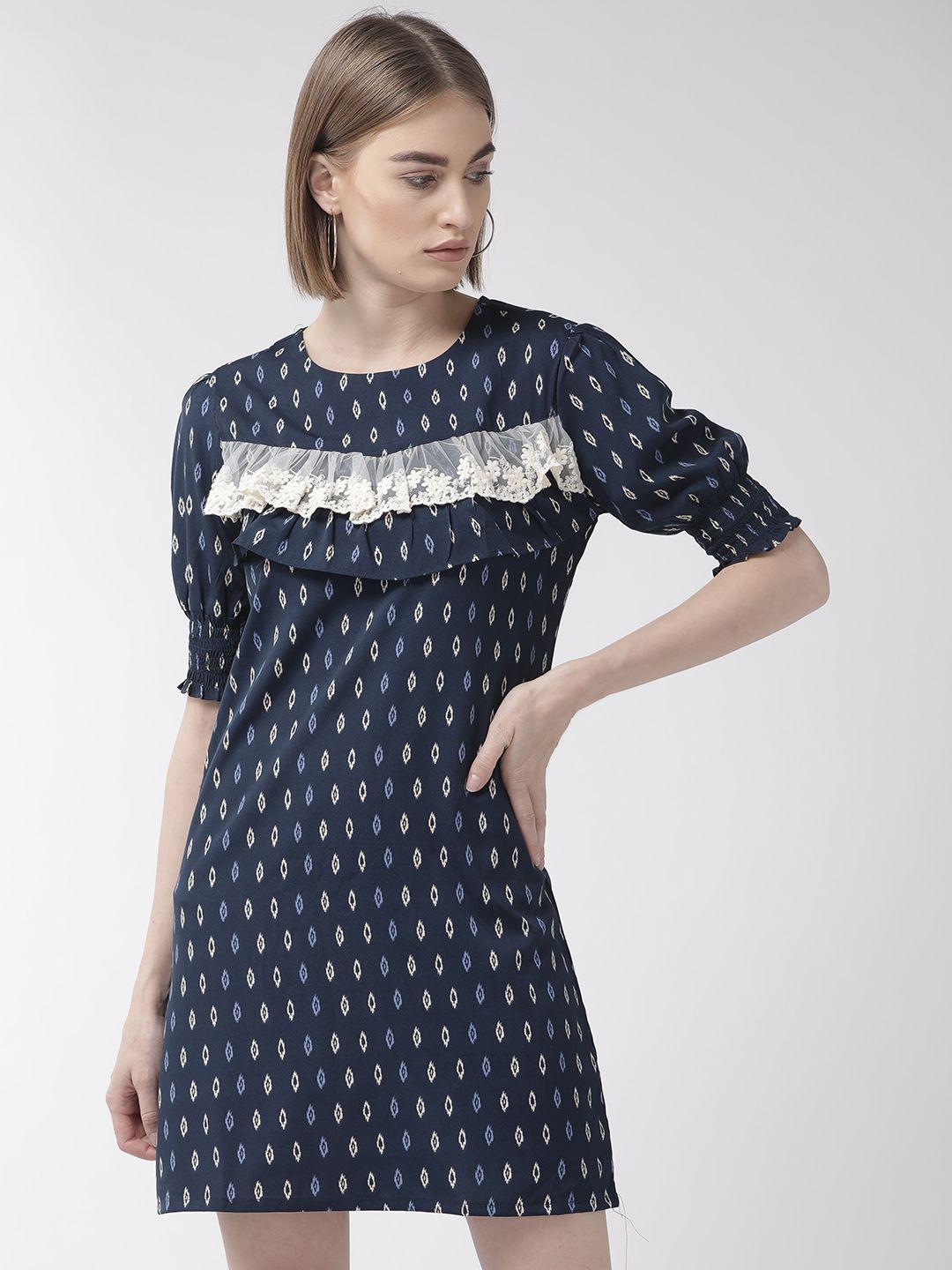 style quotient women navy blue & white printed a-line dress