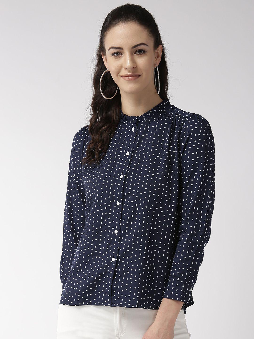 style quotient women navy blue & white regular fit printed casual shirt