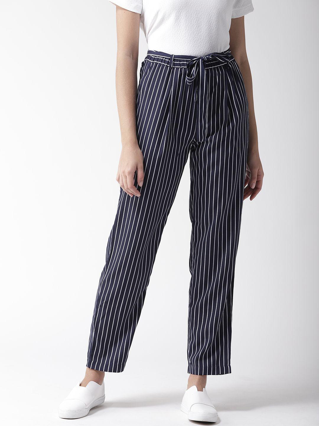 style quotient women navy blue & white slim fit striped regular trousers