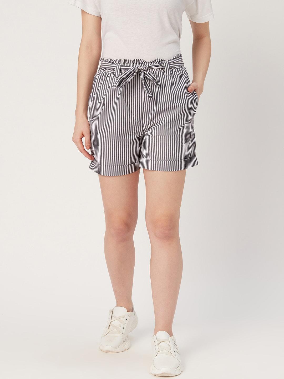 style quotient women navy blue & white striped regular fit paper bag shorts
